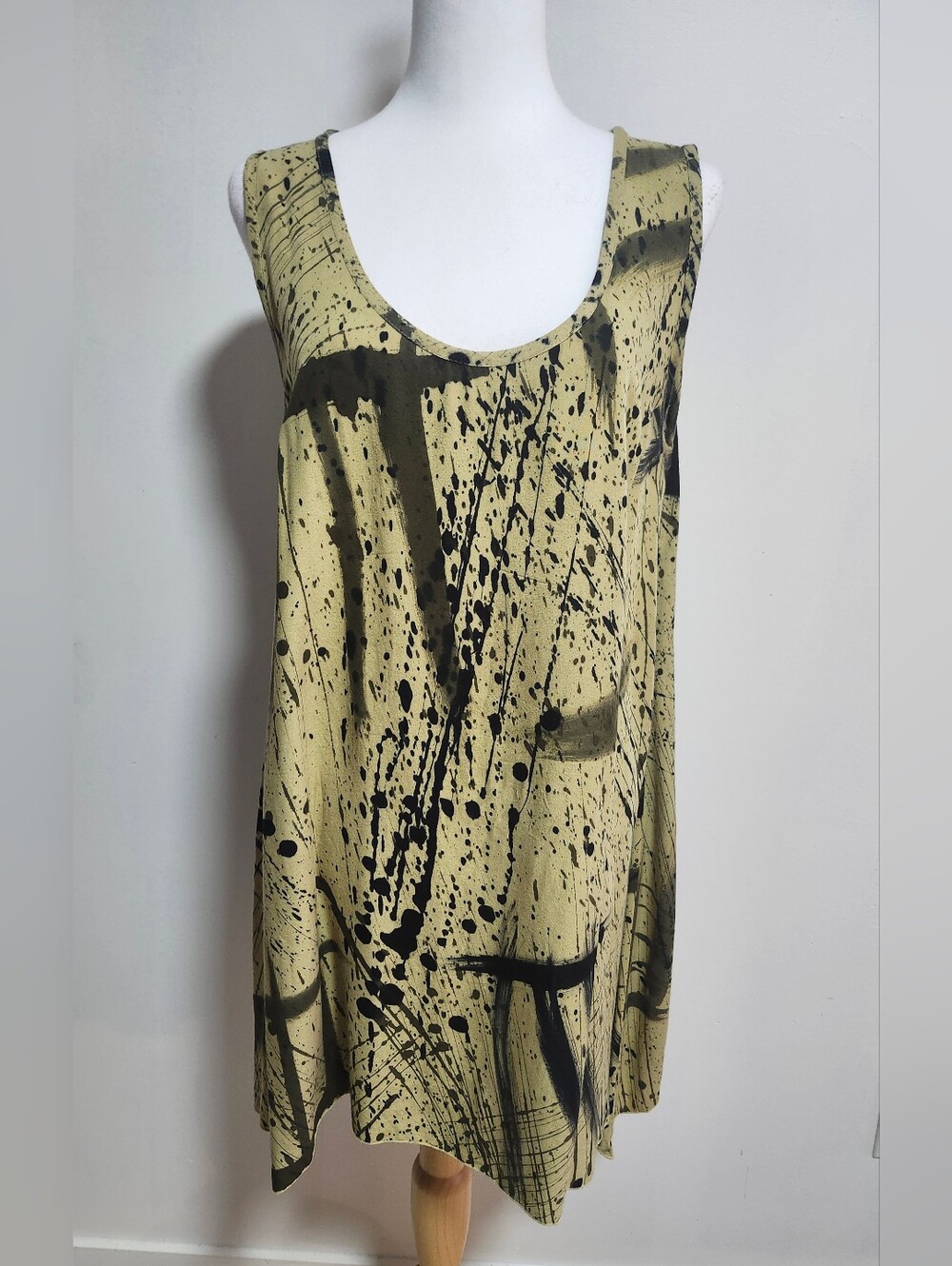 Blue Sky Sleeveless Paint-Splash Tunic Top/ Mini Dress - Olive/Black
